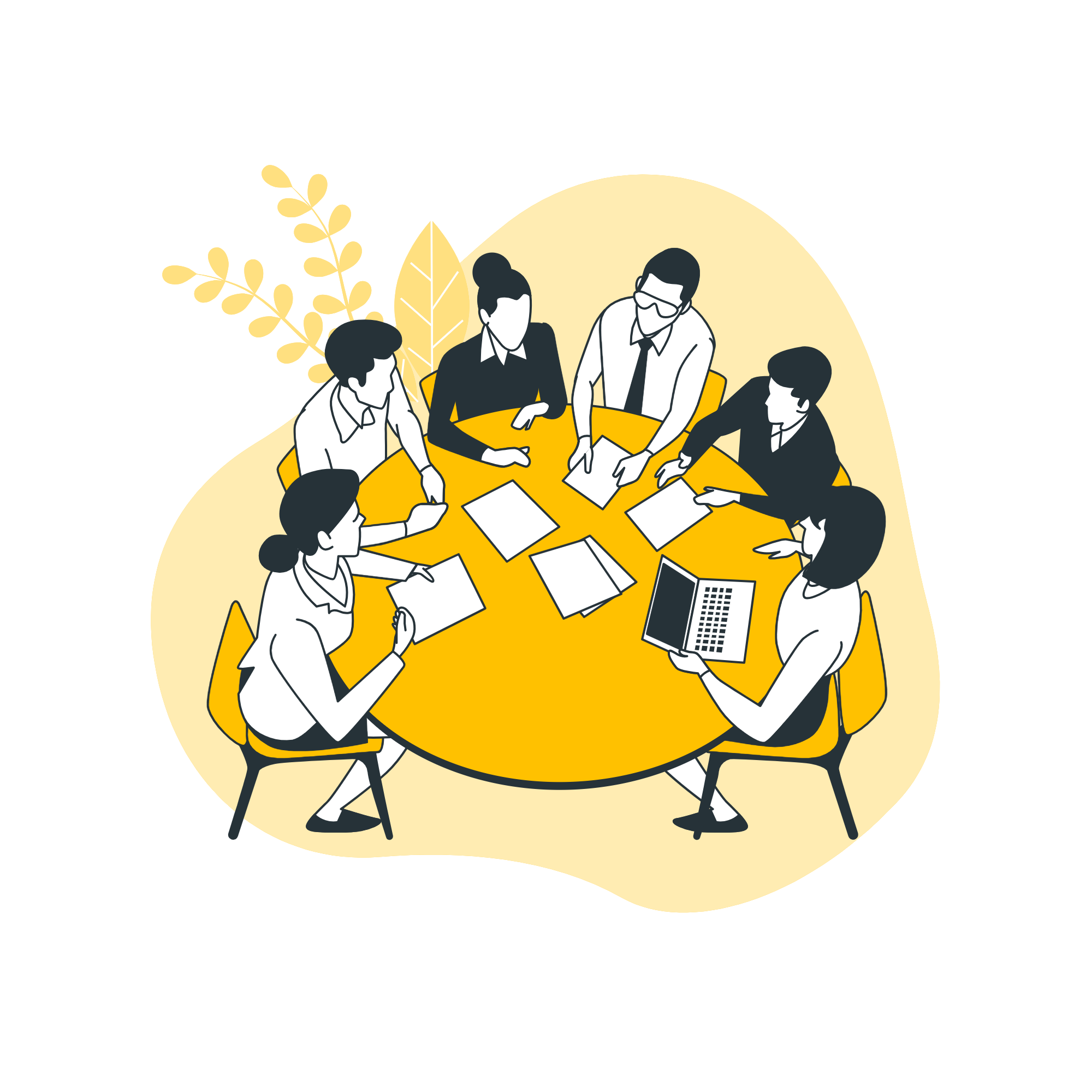 Illustration of professionals meeting around a table, representing BoardWise's conversations with insurance organizations