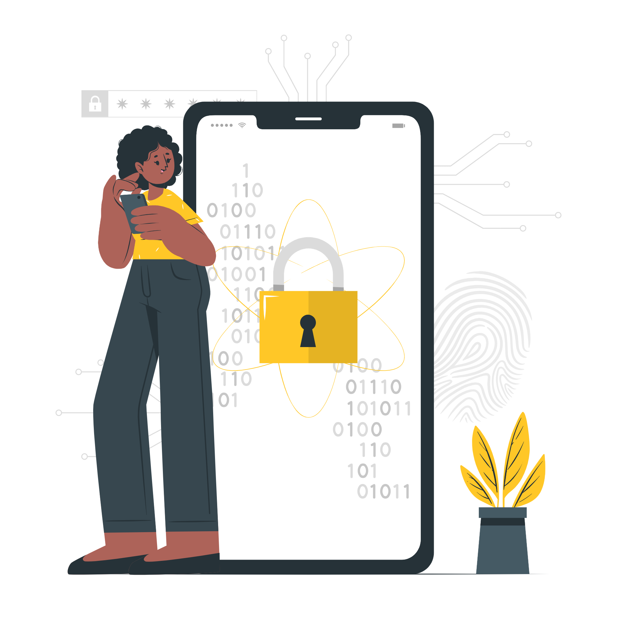 Illustration of a person with a secured mobile device, representing organized and protected support for licensed professionals