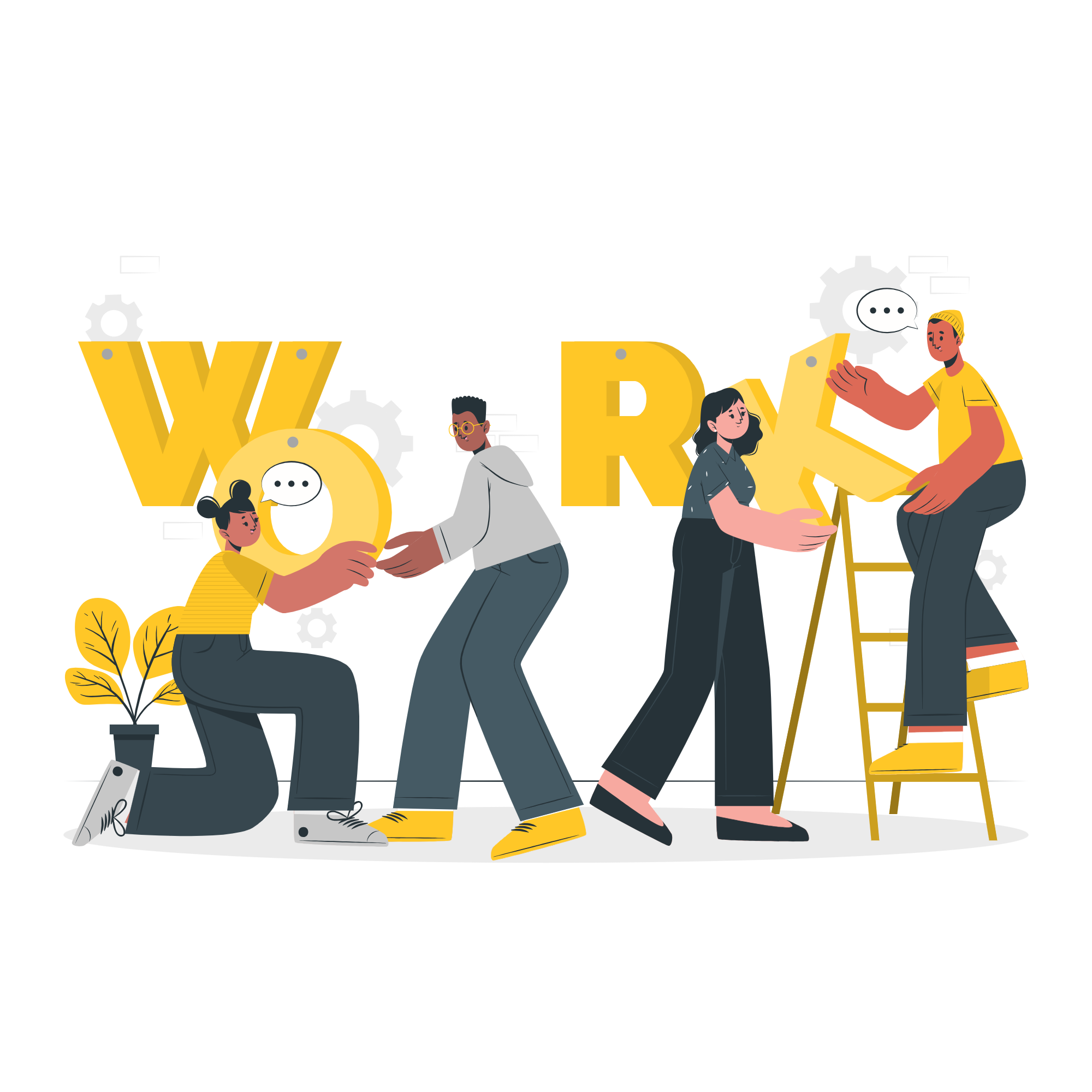 Four people working together to assemble the word WORK in large letters