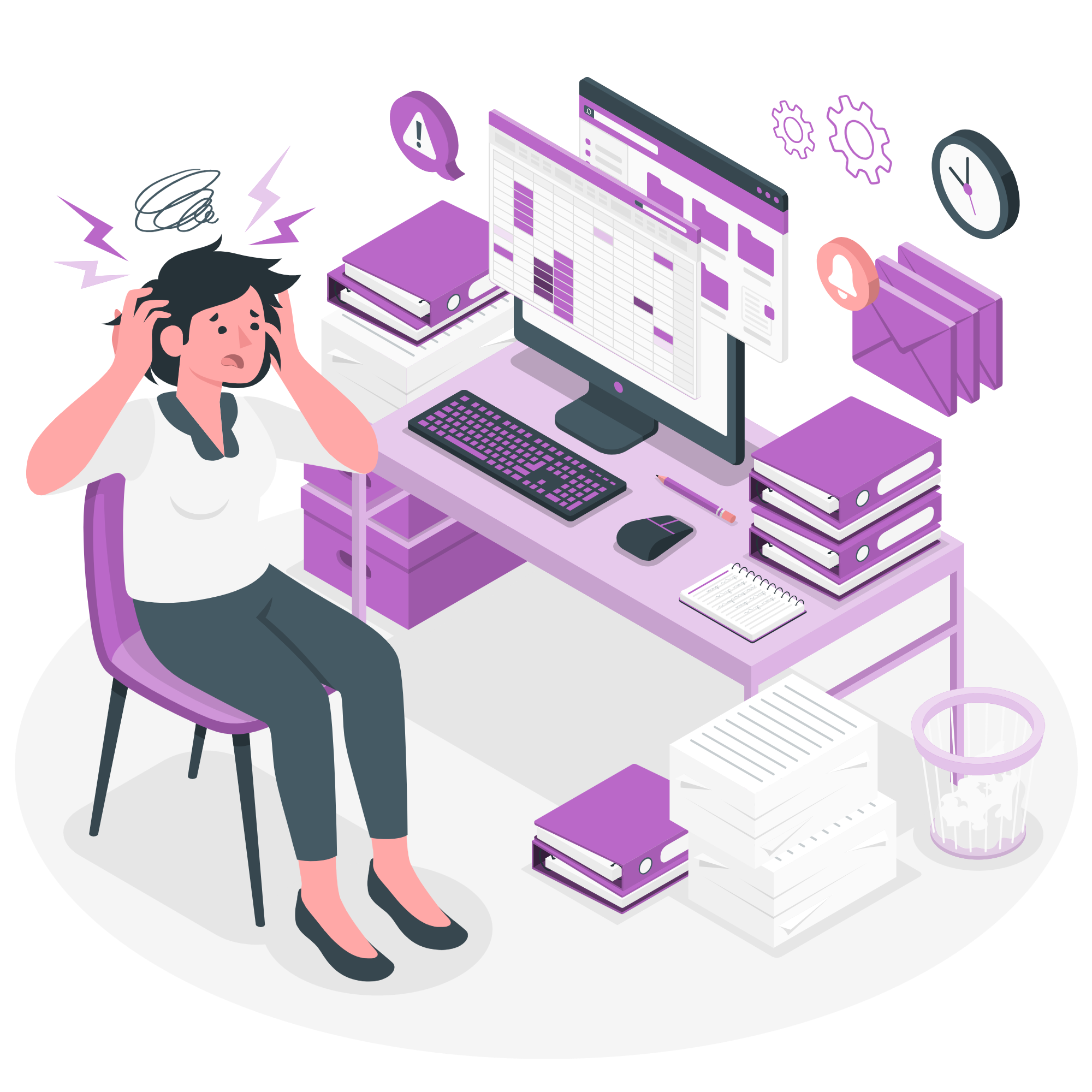 Illustration of a professional feeling stressed while working through documents at a desk